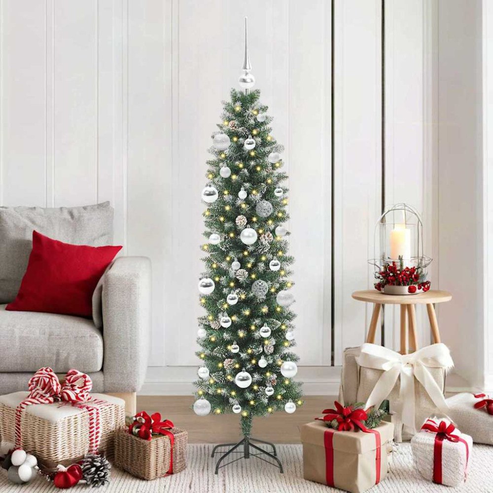 vidaXL Konstgjort smalt julträd med 150 LED-lampor Grön och vit 150 cm