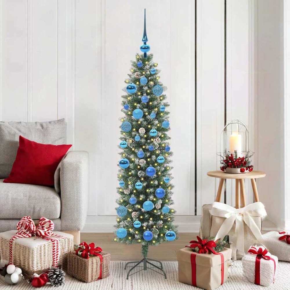 vidaXL Konstgjort smalt julträd med 150 LED-lampor Grön och vit 150 cm