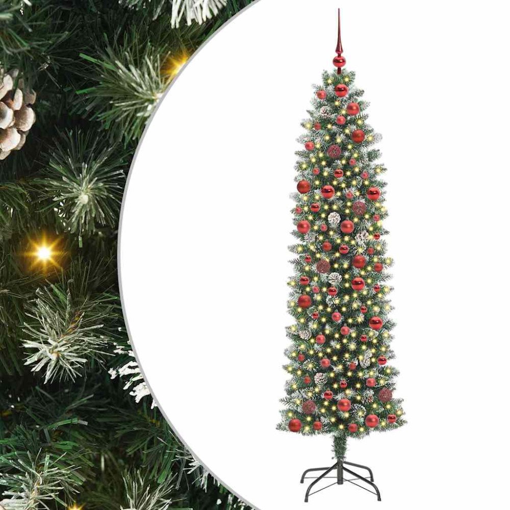 vidaXL Konstgjort smalt julträd med 300 LED-lampor Grön och vit 180 cm