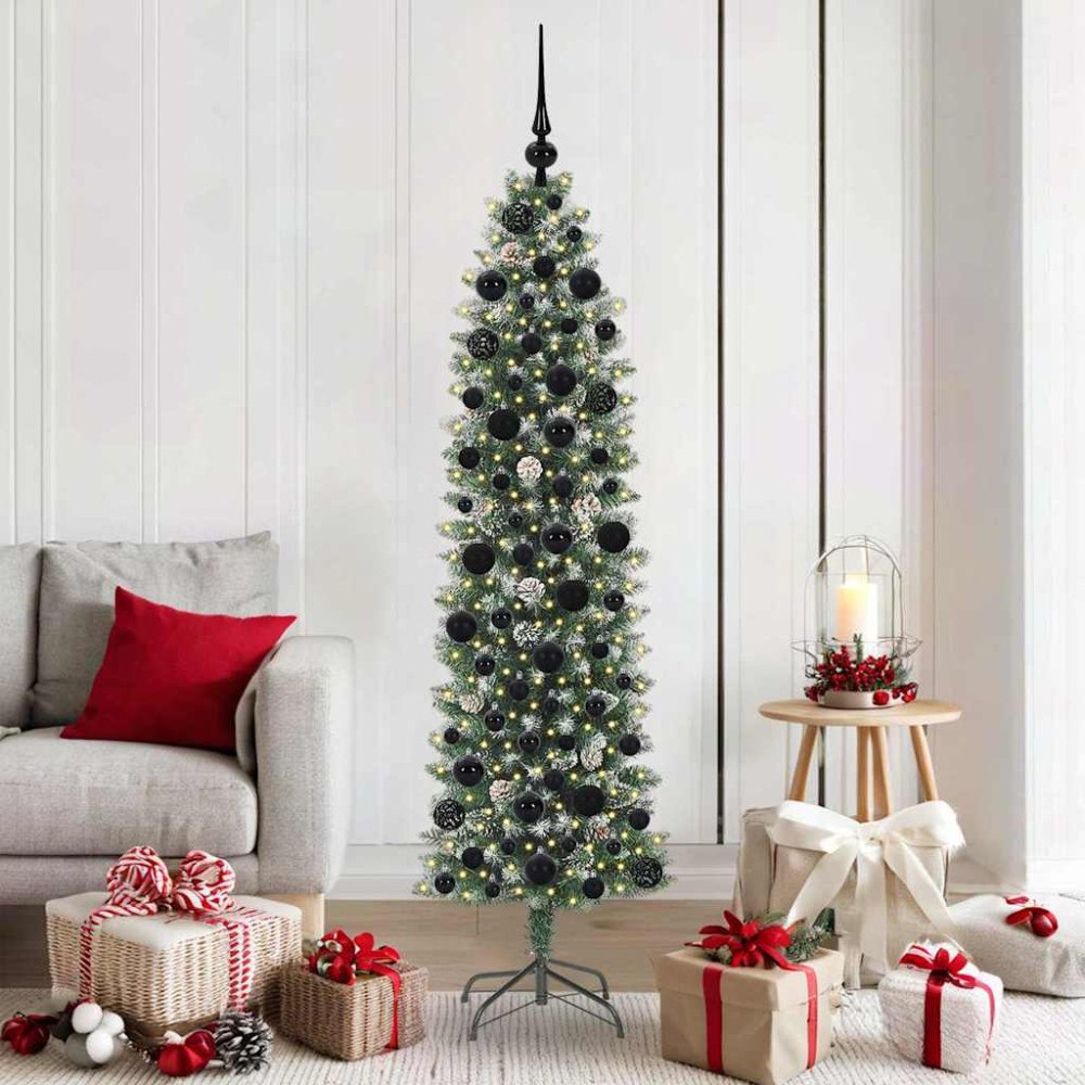 vidaXL Konstgjort smalt julträd med 300 LED-lampor Grön och vit 180 cm
