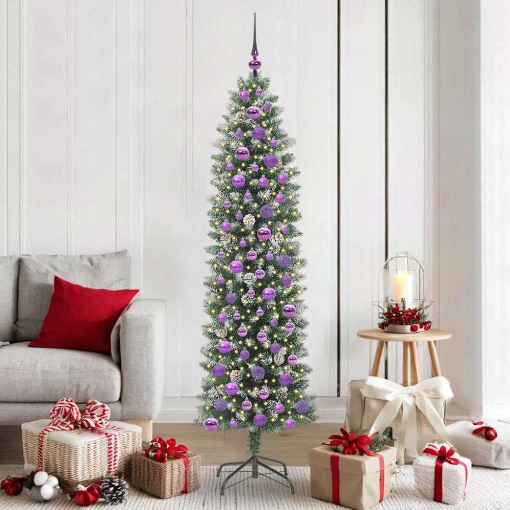 vidaXL Konstgjort smalt julträd med 300 LED-lampor Grön och vit 180 cm