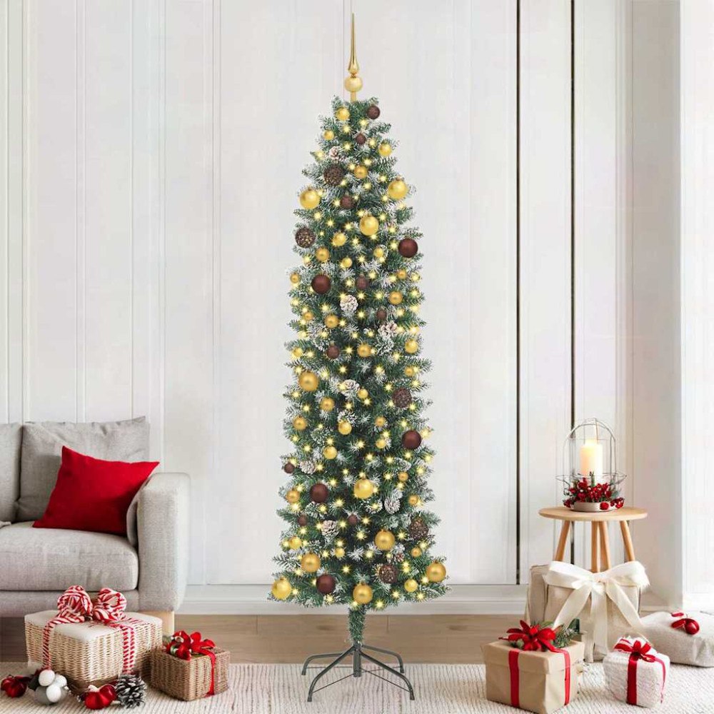 vidaXL Konstgjort smalt julträd med 300 LED-lampor Grön och Vit 210 cm