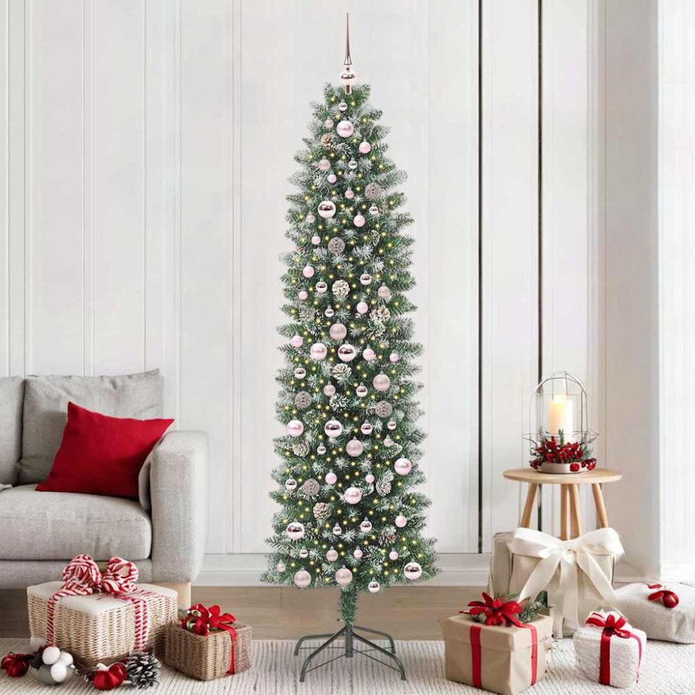 vidaXL Konstgjort smalt julträd med 300 LED-lampor Grön och vit 210 cm