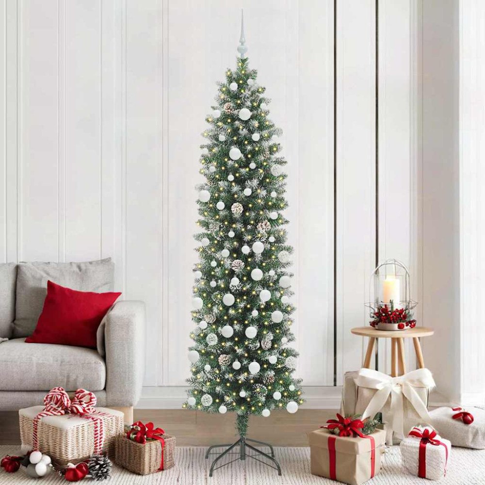 vidaXL Konstgjort smalt julträd med 300 LED-lampor Grön och vit 210 cm