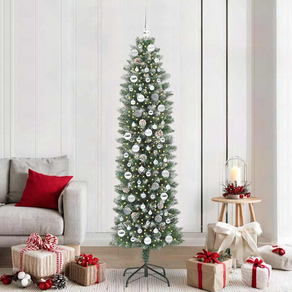 vidaXL Konstgjort smalt julträd med 300 LED-lampor Grön och vit 210 cm