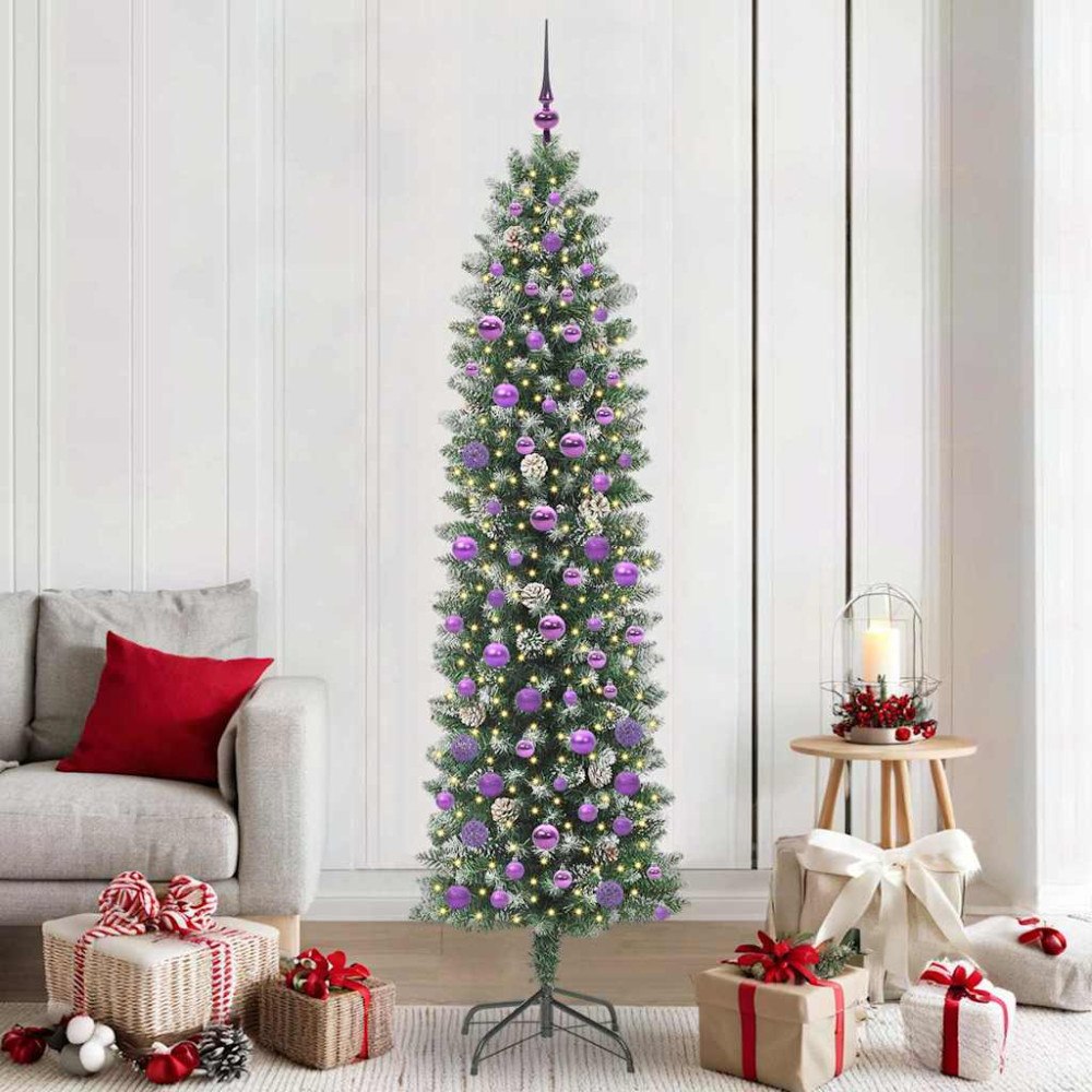 vidaXL Konstgjort smalt julträd med 300 LED-lampor Grön och vit 210 cm