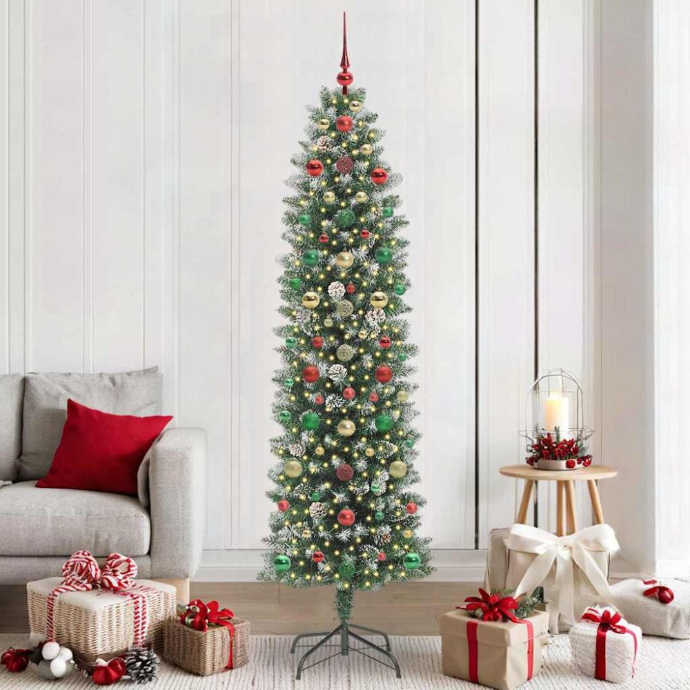 vidaXL Konstgjort smalt julträd med 300 LED-lampor Grön och vit 210 cm