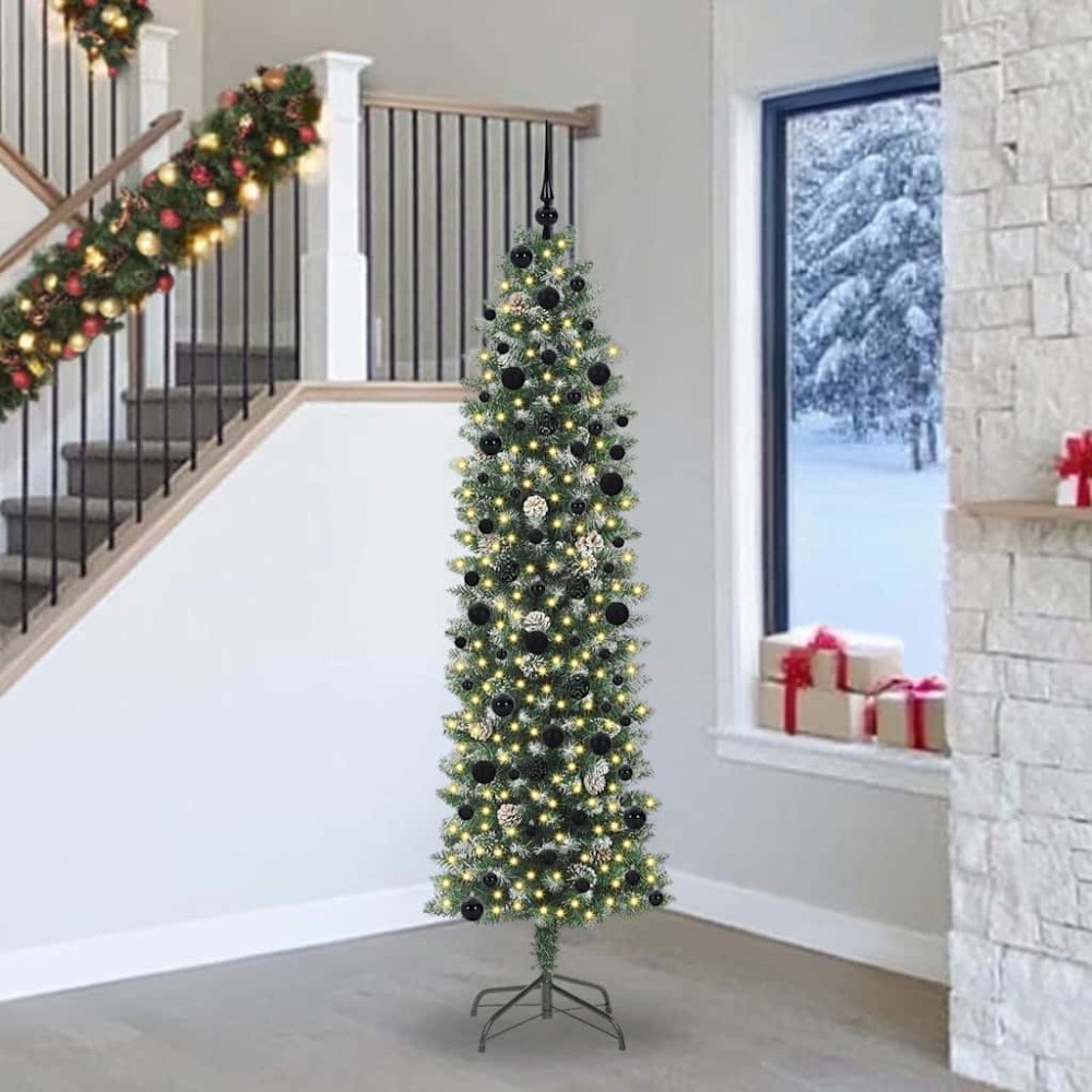 vidaXL Konstgjort smalt julträd med 300 LED-lampor Grön och vit 240 cm