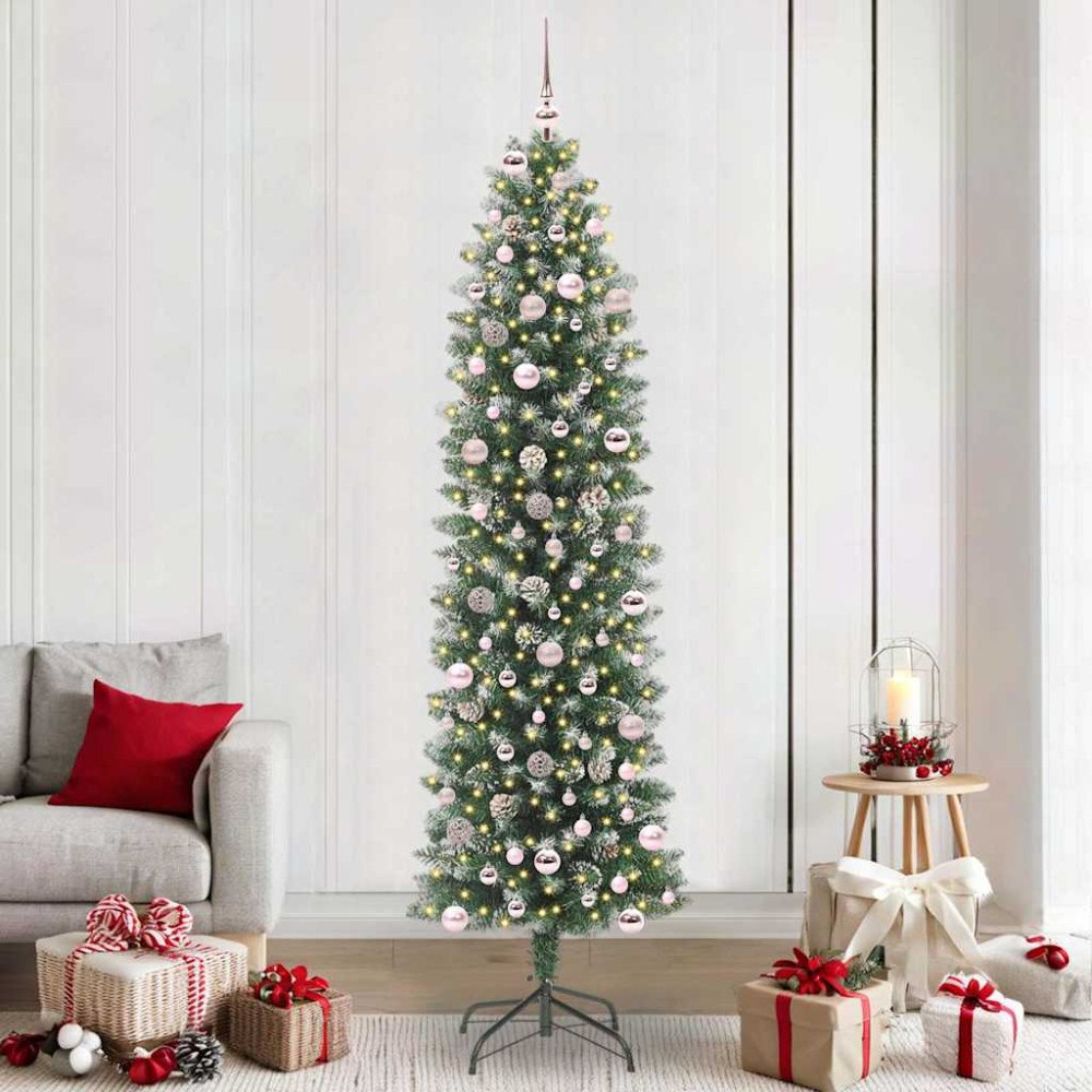 vidaXL Konstgjort smalt julträd med 300 LED-lampor Grön och vit 240 cm