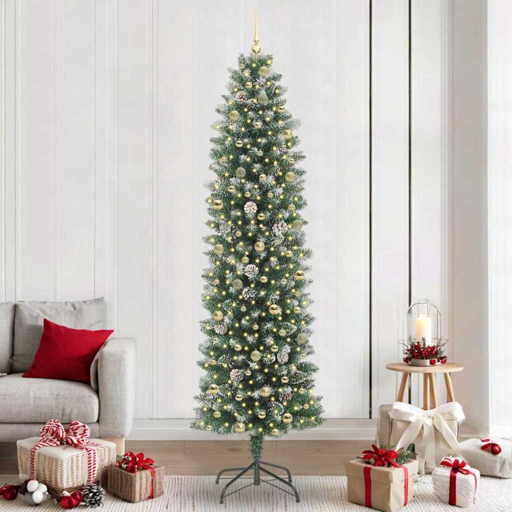 vidaXL Konstgjort smalt julträd med 300 LED-lampor Grön och vit 240 cm