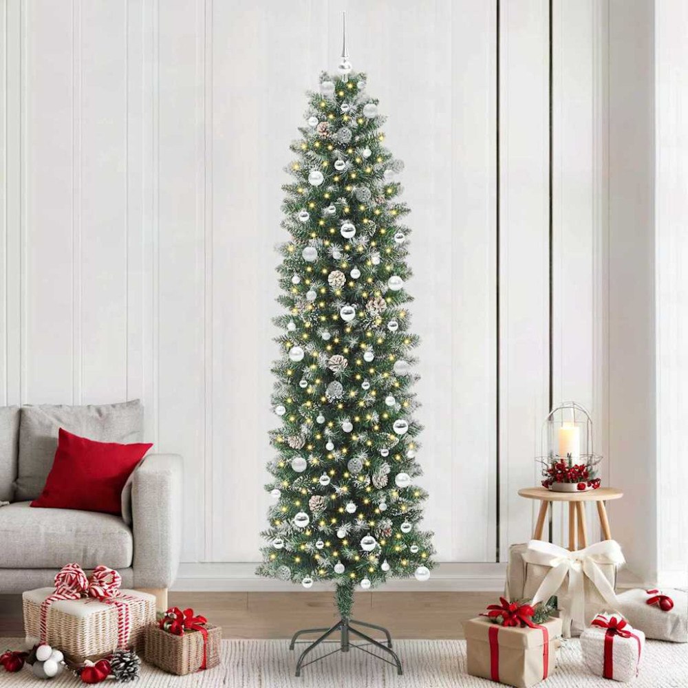 vidaXL Konstgjort smalt julträd med 300 LED-lampor Grön och vit 240 cm