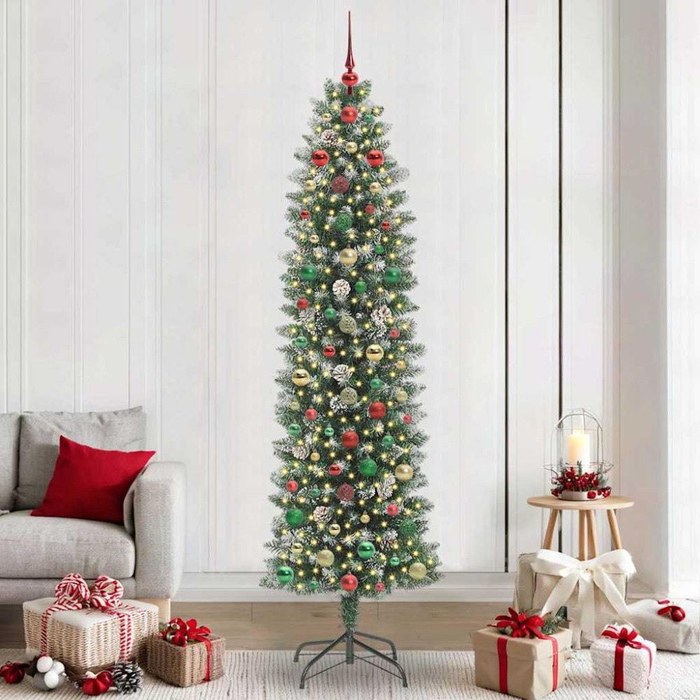 vidaXL Konstgjort smalt julträd med 300 LED-lampor Grön och vit 240 cm