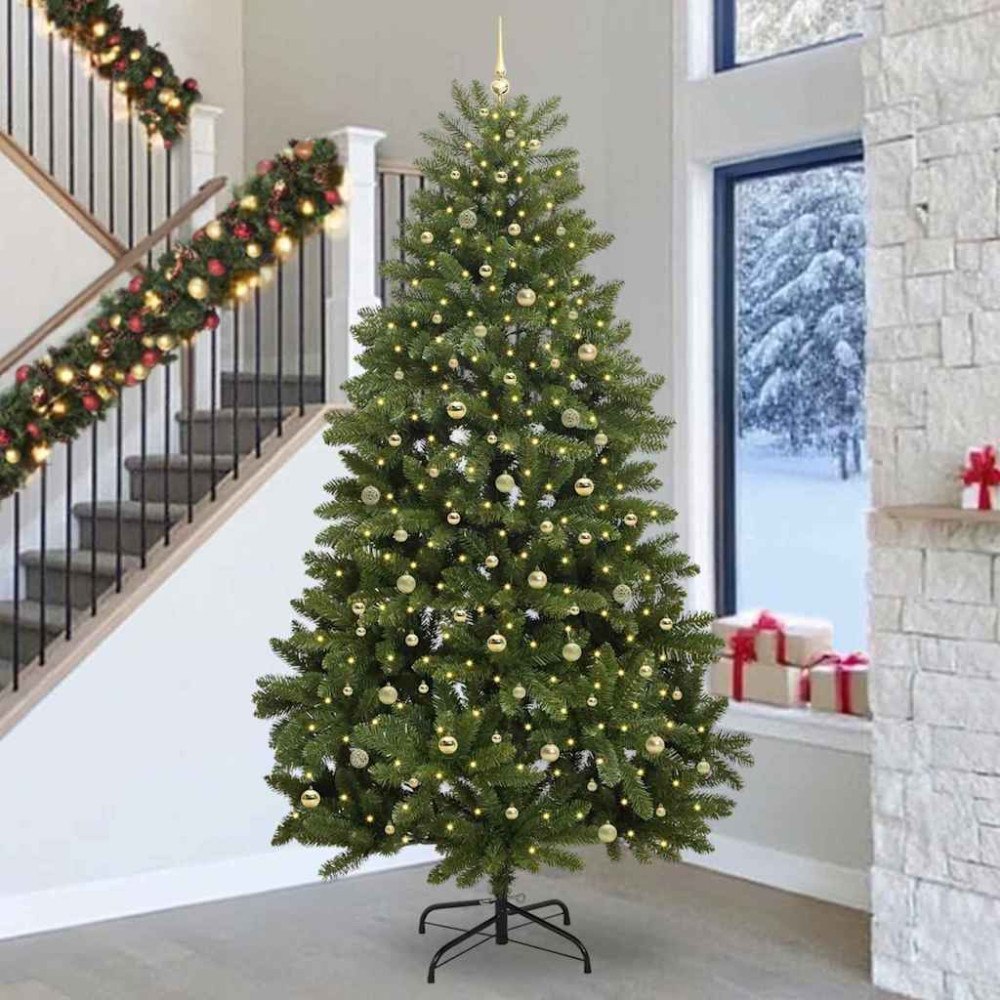 vidaXL Konstgjord julgran med LED -remsljus Grön 300 cm PVC och metall