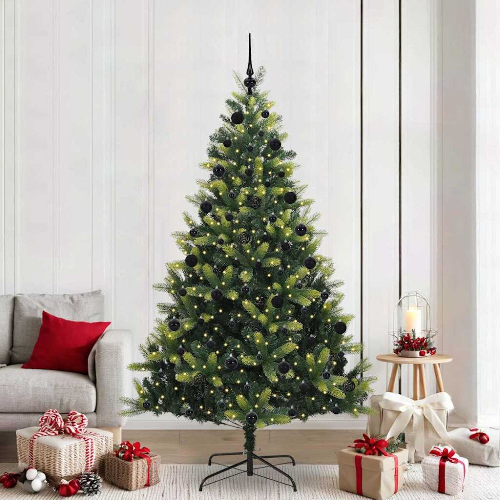 vidaXL Konstigt hinged julgran 300 LED-lampor Grön 210 cm PVC och PE