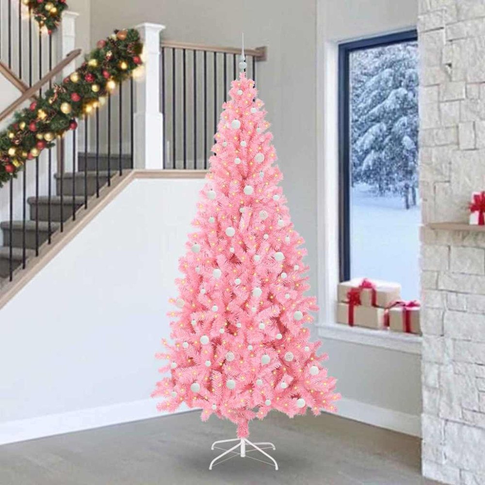 vidaXL Julgran med 300 LED-lampor med stativ Rosa 240 cm PVC