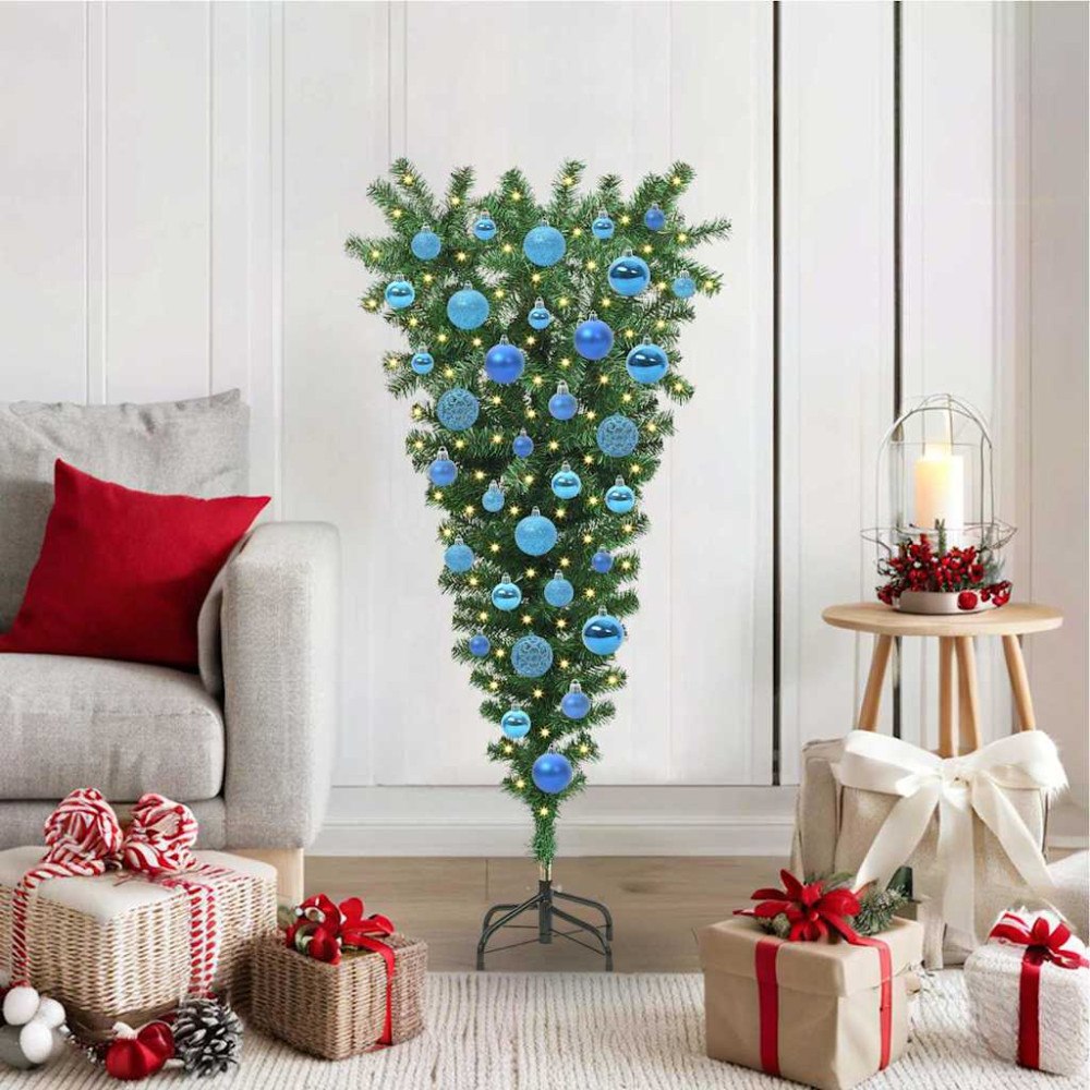 vidaXL Upp och ner konstgjord förbelyst julgran med bollsats 120 cm