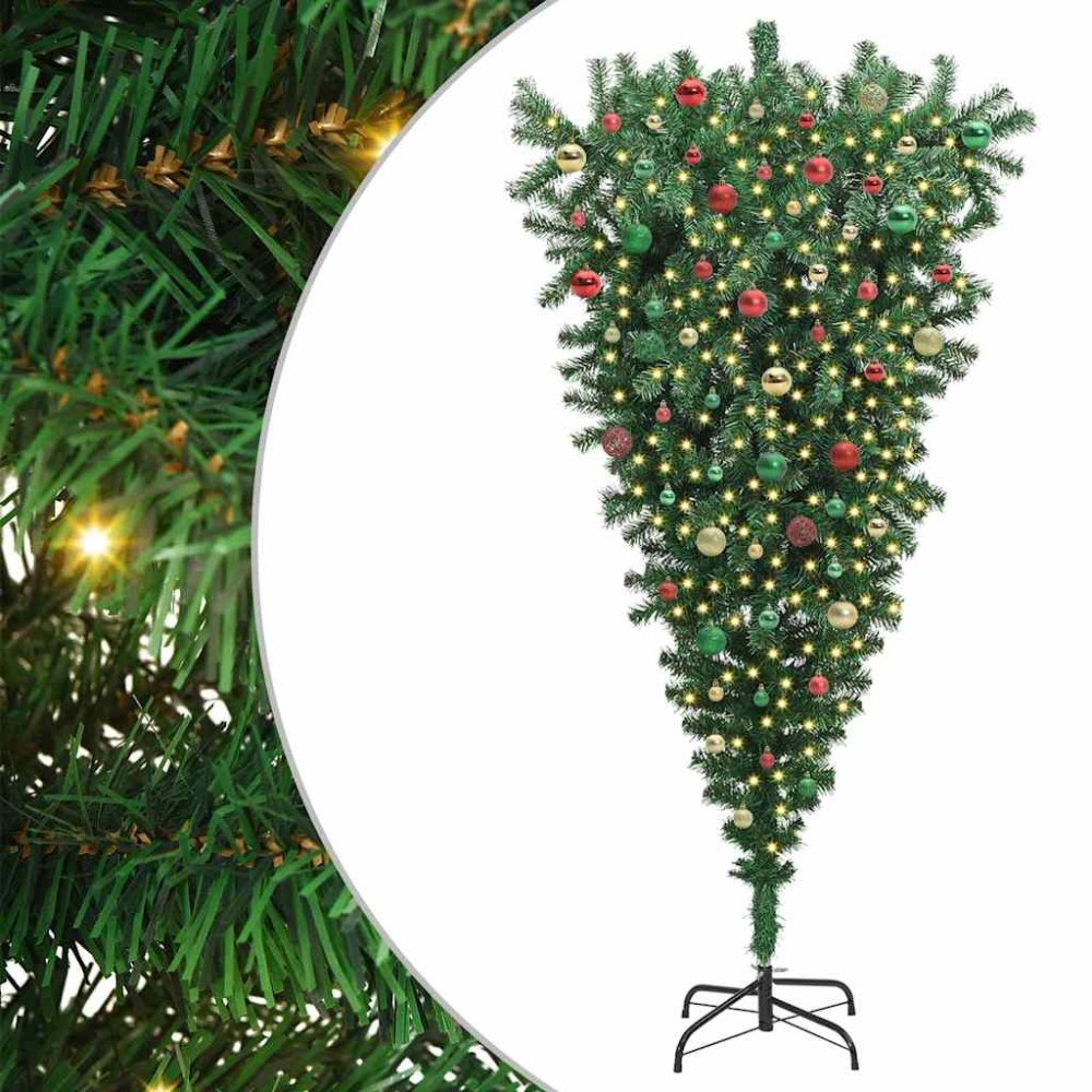 vidaXL Upp och ned artificiell förbelyst julgran med kulset 180 cm