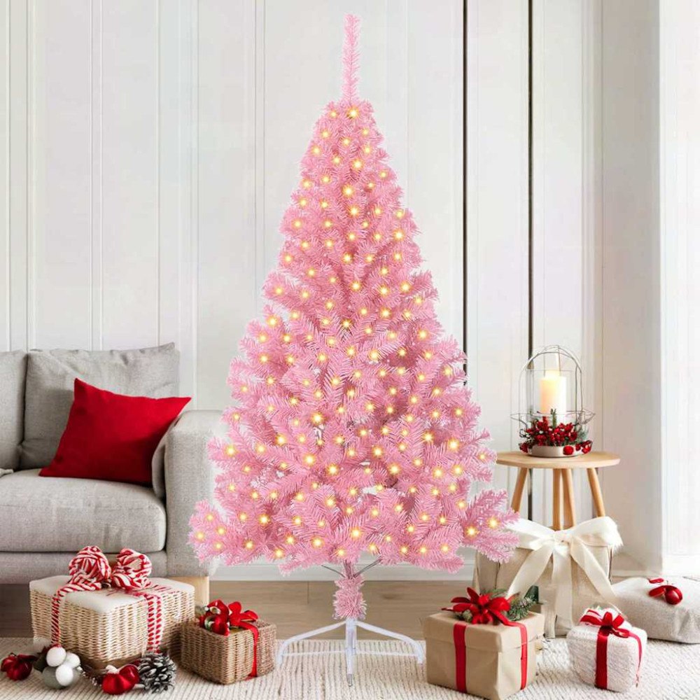 vidaXL Konstgjord Förbelyst Julgran med 300 LED-lampor Rosa 180 cm PVC