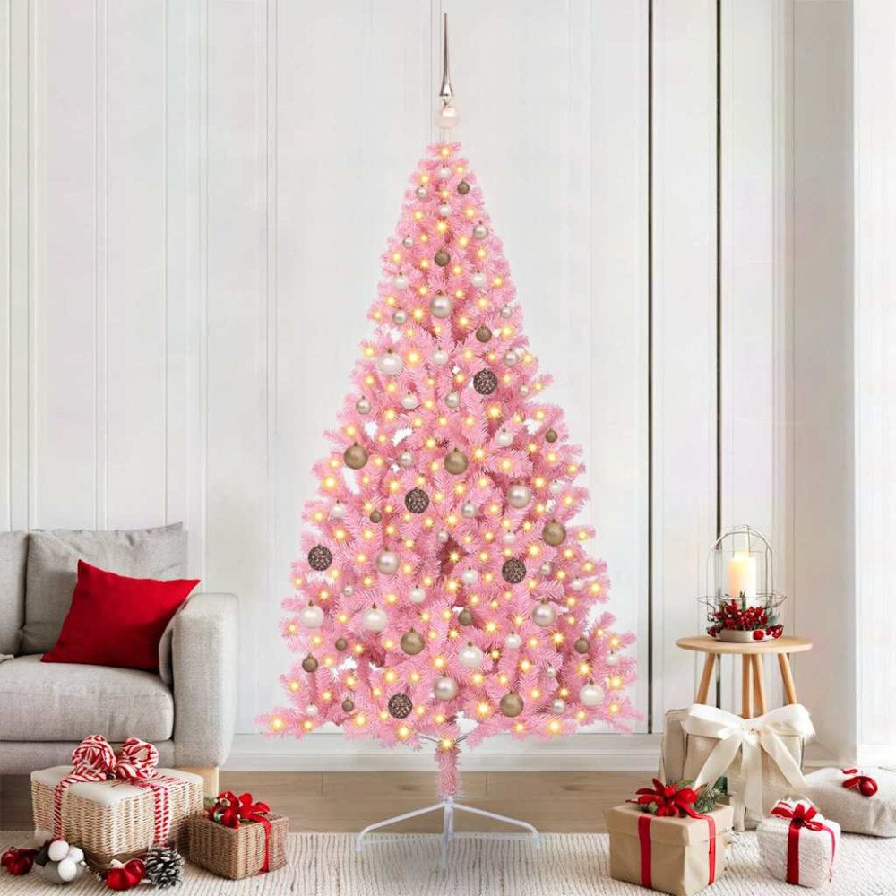 vidaXL Konstgjord Förbelyst Julgran med 300 LED-lampor Rosa 210 cm PVC