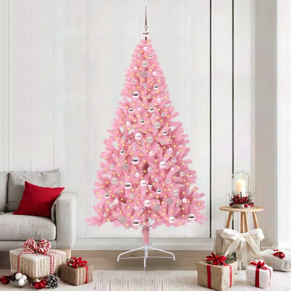 vidaXL Konstgjord Förbelyst Julgran med 300 LED-lampor Rosa 210 cm PVC