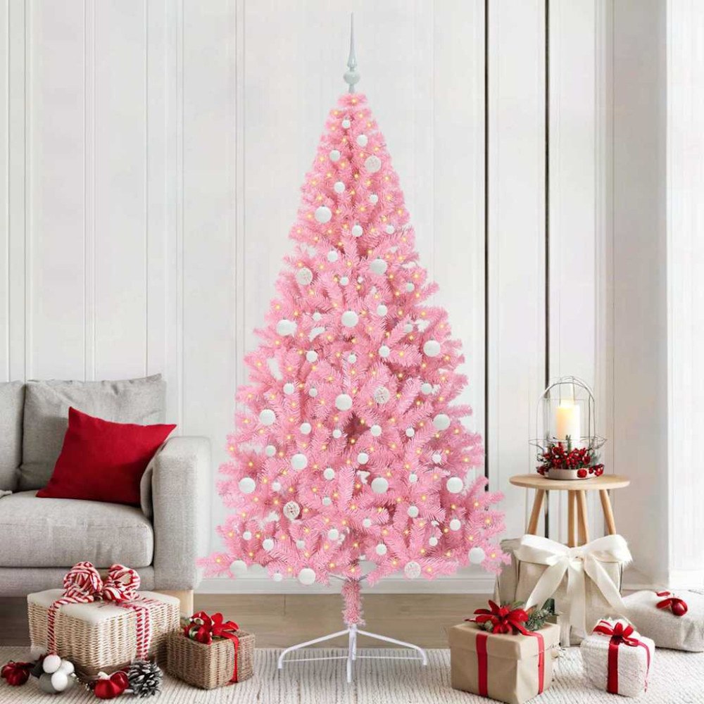vidaXL Konstgjord Förbelyst Julgran med 300 LED-lampor Rosa 210 cm PVC