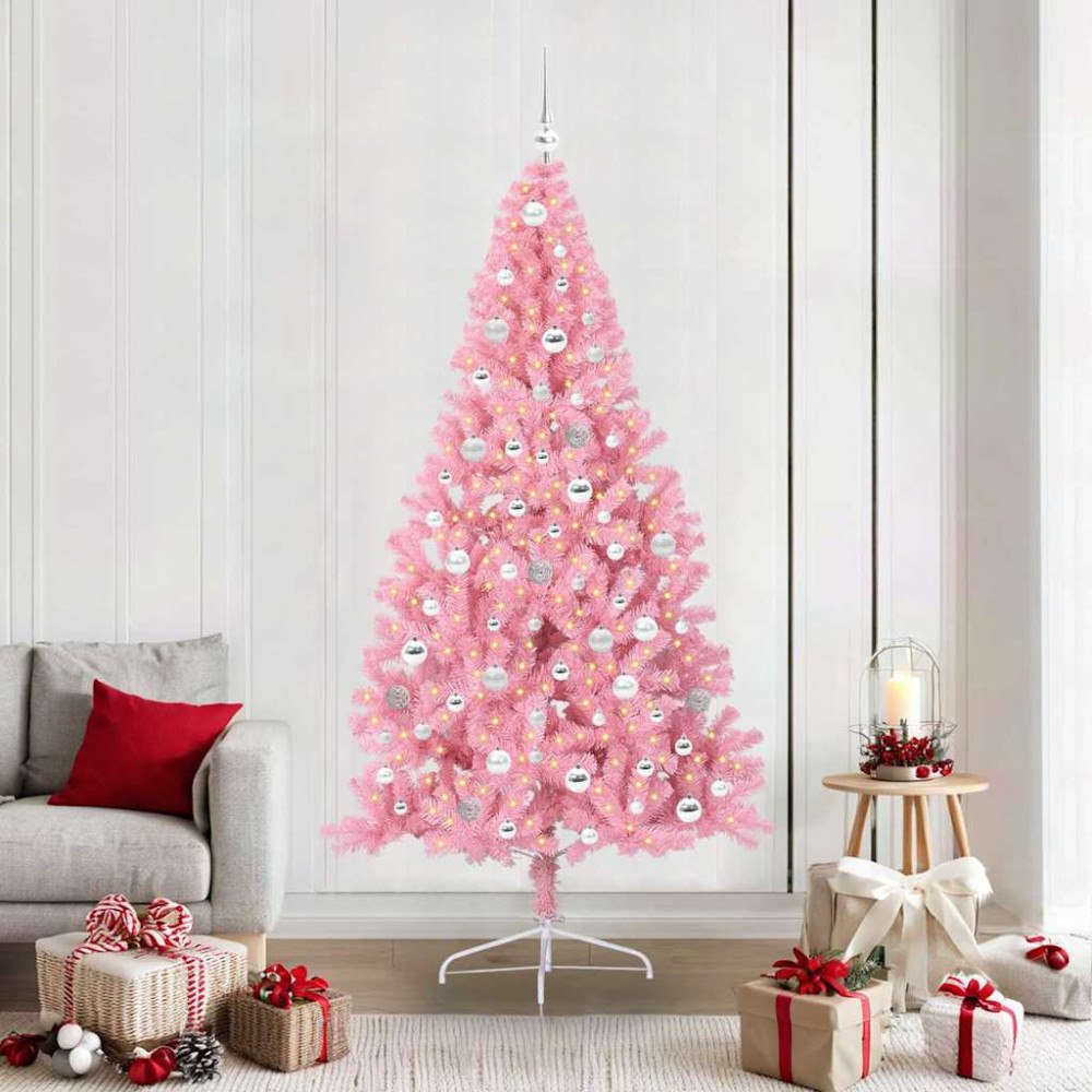 vidaXL Konstgjord Förbelyst Julgran med 300 LED-lampor Rosa 210 cm PVC