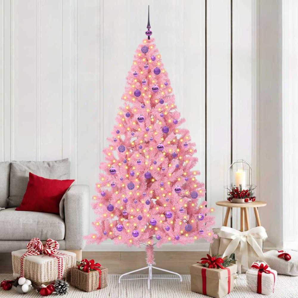 vidaXL Konstgjord Förbelyst Julgran med 300 LED-lampor Rosa 210 cm PVC