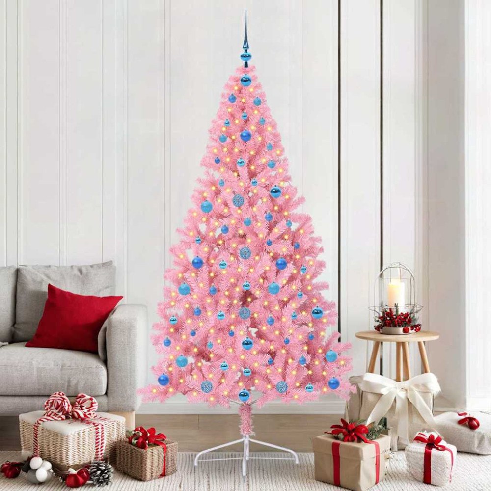 vidaXL Konstgjord Förbelyst Julgran med 300 LED-lampor Rosa 210 cm PVC