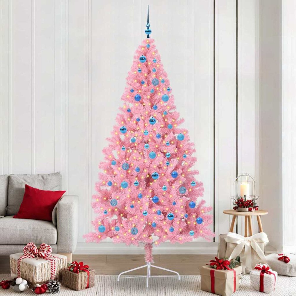 vidaXL Konstgjord Förbelyst Julgran med 300 LED-lampor Rosa 240 cm PVC