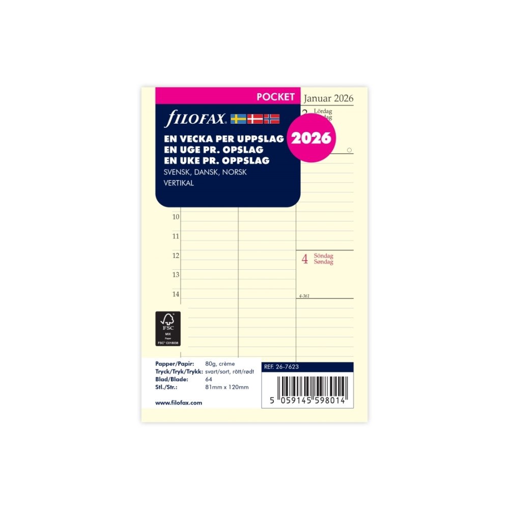 Filofax Refill Pocket 2026 Vecka per uppslag Vertikal Svenska/Danska...