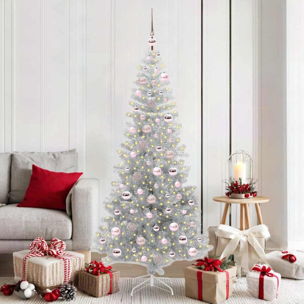 vidaXL Julgran med 300 LED-lampor med stativ Silver 180 cm PET