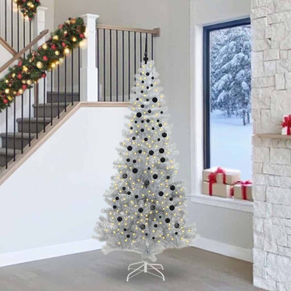 vidaXL Julgran med 300 LED-lampor med stativ Silver 240 cm PET