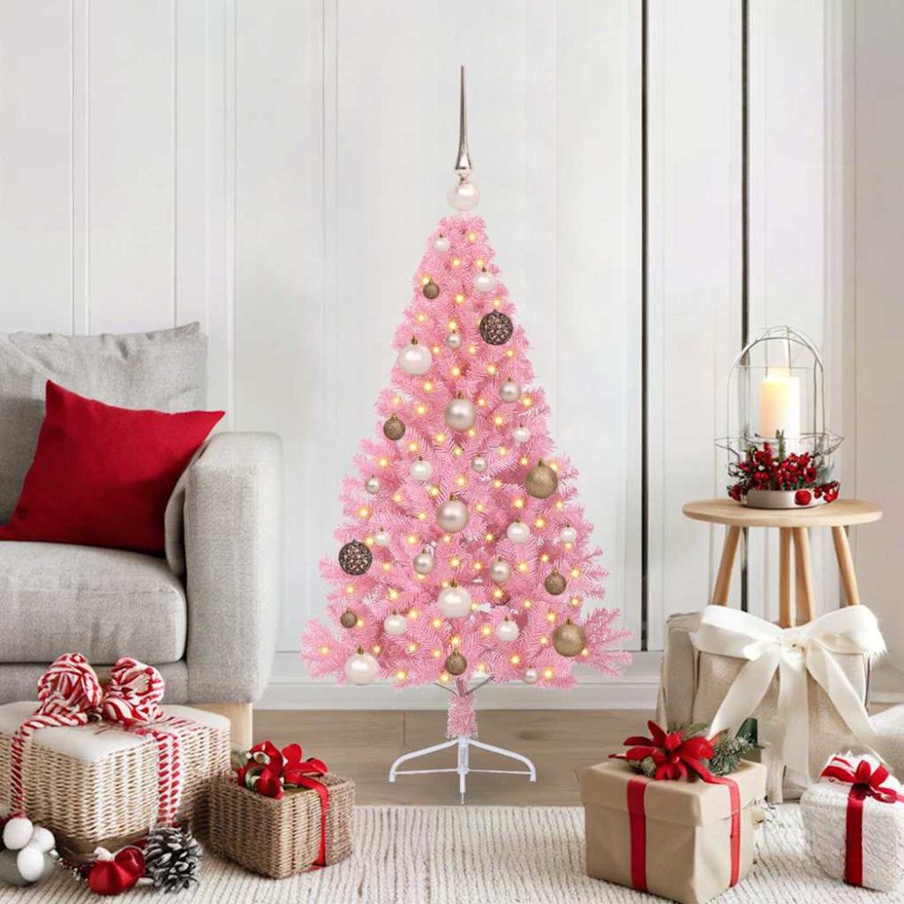 vidaXL Konstgjord Förbelyst Julgran med 150 LED-lampor Rosa 120 cm PVC