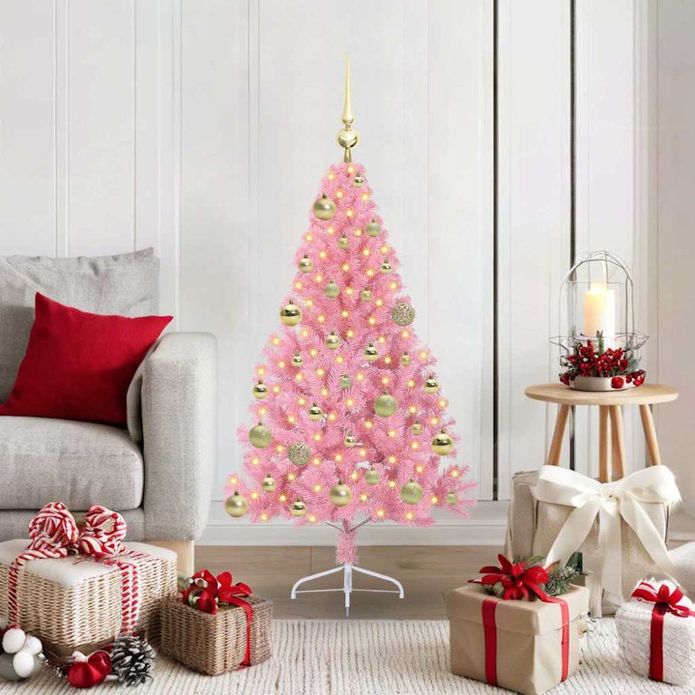 vidaXL Konstgjord Förbelyst Julgran med 150 LED-lampor Rosa 120 cm PVC