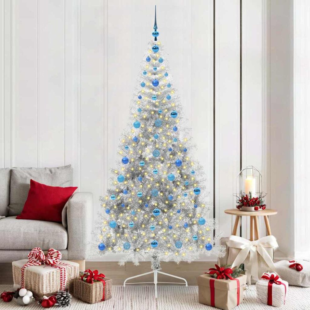 vidaXL Konstgjord Förbelyst Julgran Silver 210 cm PET