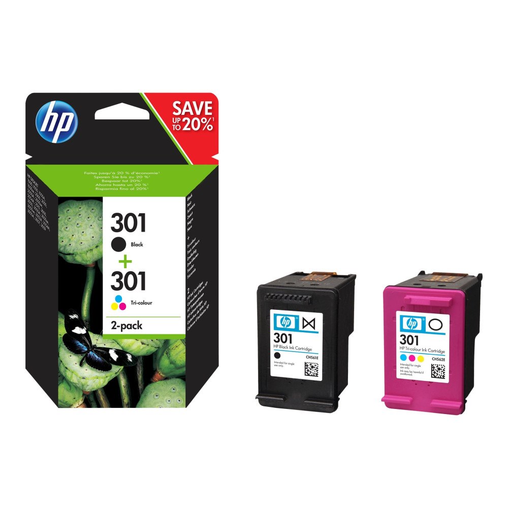 HP HP 301 - 2-pack - svart, färg (cyan, magenta, gul) - original - bläckpatron