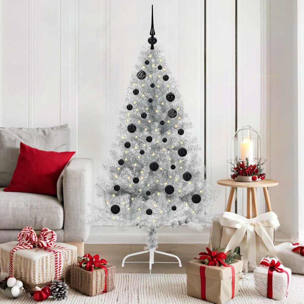 vidaXL Konstgjord Förbelyst Julgran Silver 150 cm PET