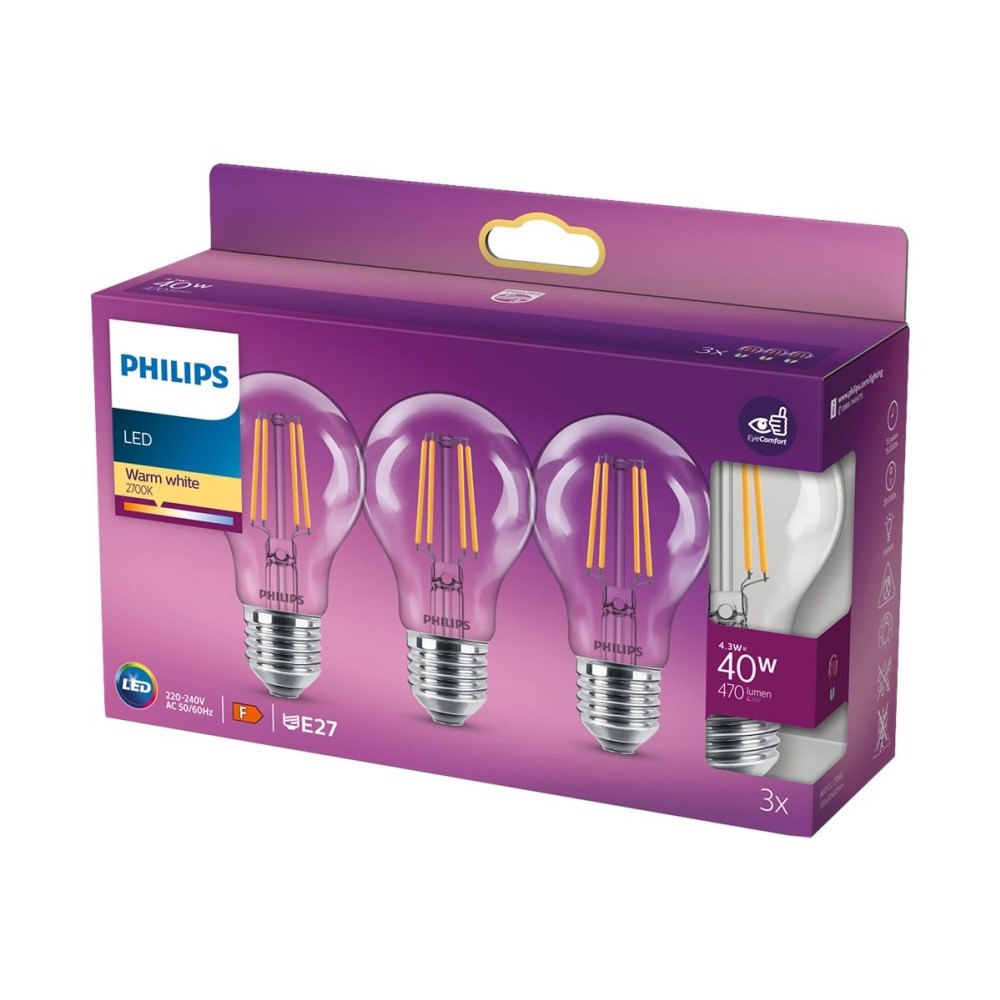 Philips Philips - LED-glödlampa med filament - form: A60 - klar finish - E27 - 4.3 W - 2700 K (paket om 3)