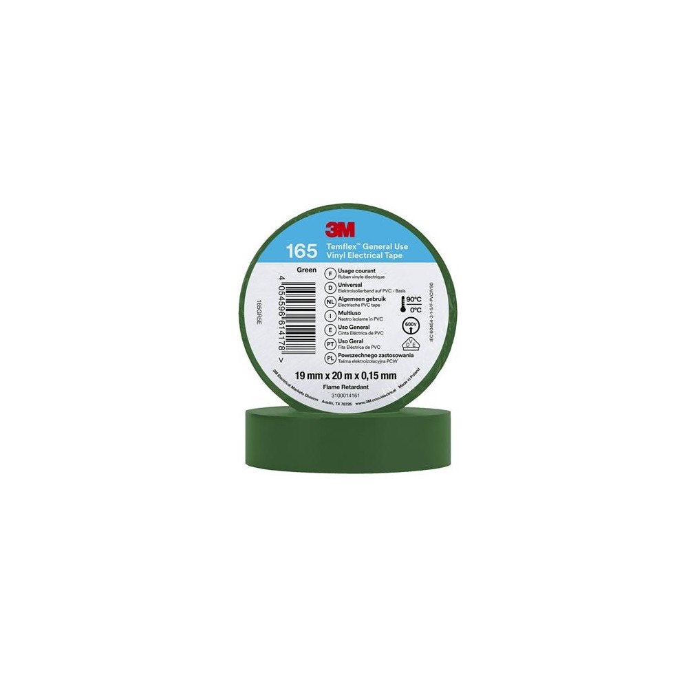 3M 3M Temflex elektrisk vinyltejp 165, grön, 19 mm x 20 m, 1 st...