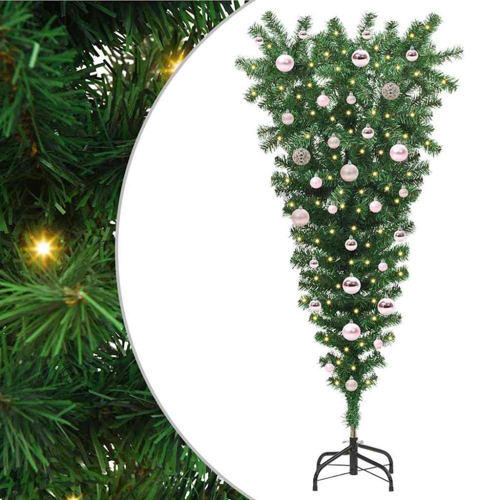 vidaXL Upp och ner konstgjord förbelyst julgran med kulset Grön 150 cm