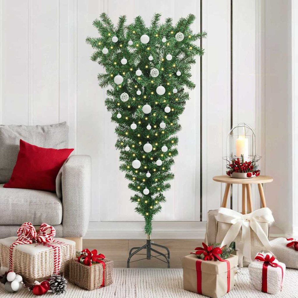 vidaXL Upp och ner konstgjord förbelyst julgran med bollar Grön 150 cm