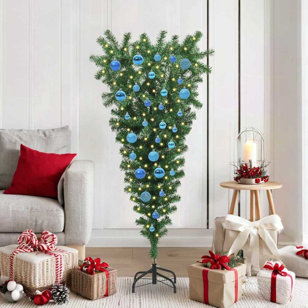 vidaXL Upp och ner konstgjord förbelyst julgran med bollar Grön 150 cm