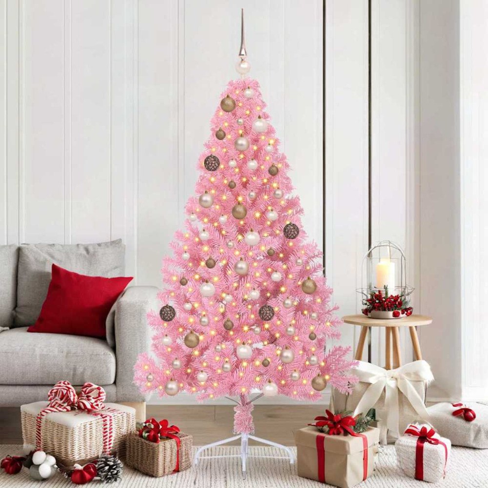 vidaXL Konstgjord Förbelyst Julgran med 300 LED-lampor Rosa 180 cm PVC