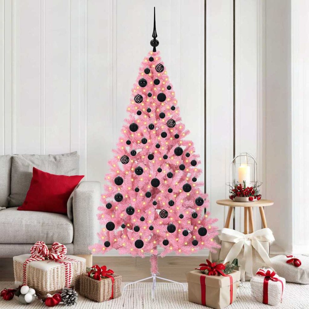 vidaXL Konstgjord Förbelyst Julgran med 300 LED-lampor Rosa 180 cm PVC