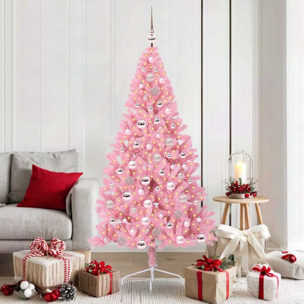 vidaXL Konstgjord Förbelyst Julgran med 300 LED-lampor Rosa 180 cm PVC