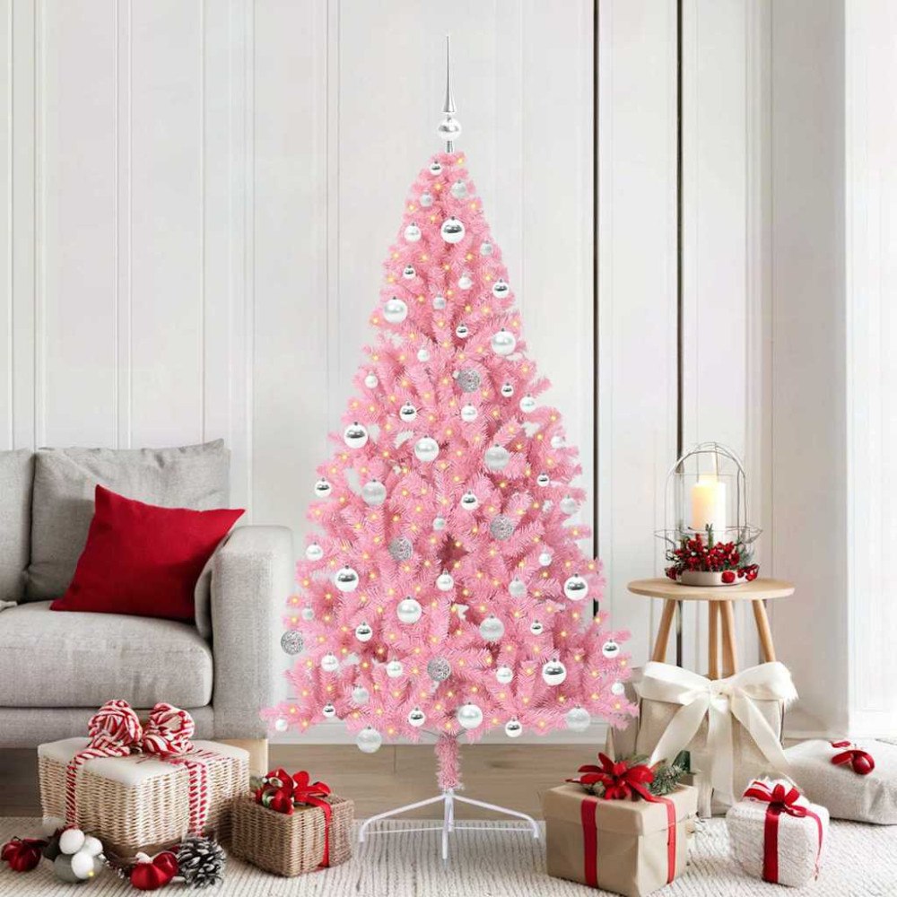 vidaXL Konstgjord Förbelyst Julgran med 300 LED-lampor Rosa 180 cm PVC