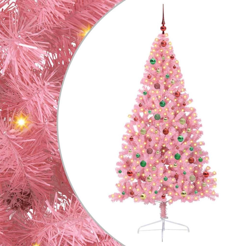 vidaXL Konstgjord Förbelyst Julgran med 300 LED-lampor Rosa 180 cm PVC