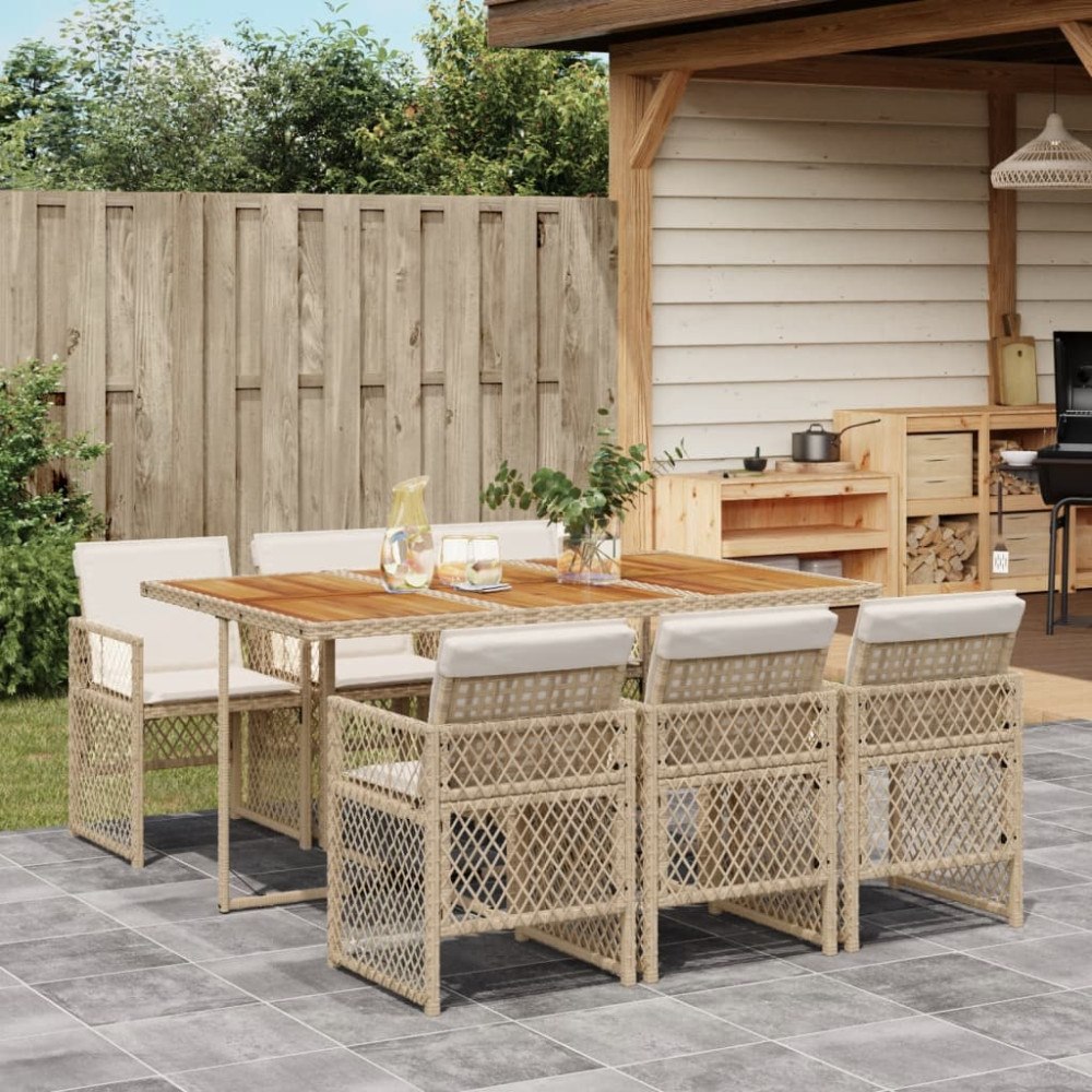 vidaXL Matgrupp för trädgården med dynor 7 delar beige konstrotting
