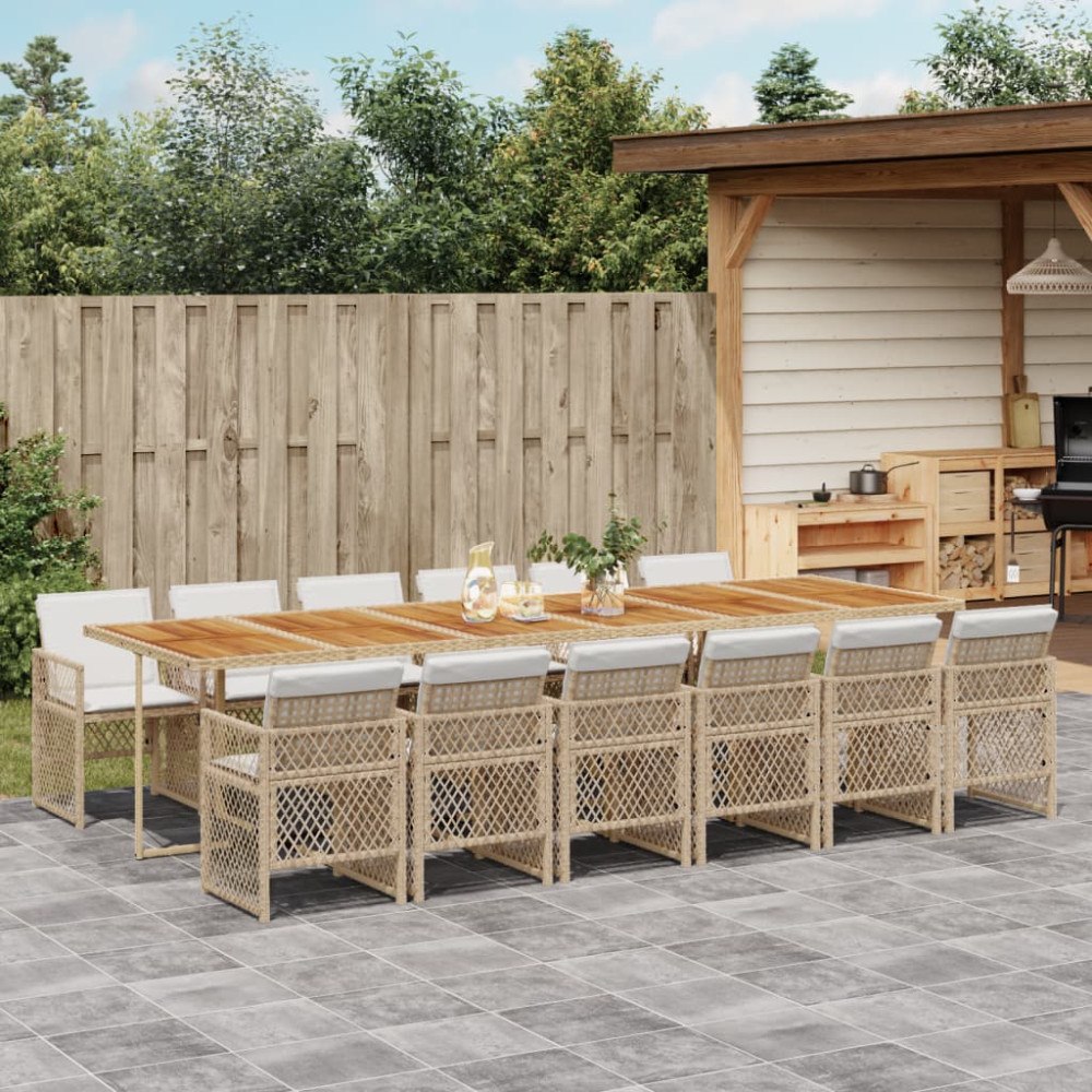 vidaXL Matgrupp för trädgården med dynor 13 delar beige konstrotting