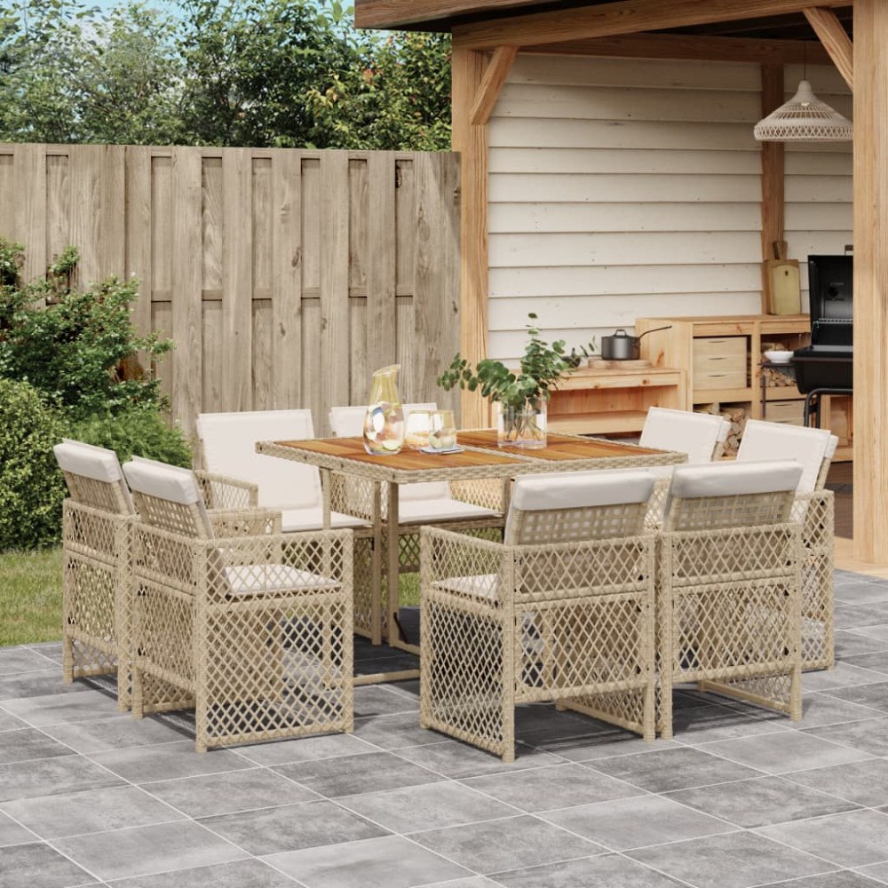 vidaXL Matgrupp för trädgården med dynor 9 delar beige konstrotting